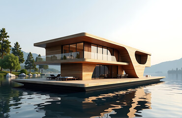 floating river hotel featuring timber structure futuristic parametric design photorealistic
