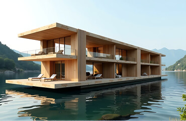 floating river hotel featuring timber structure futuristic parametric design photorealistic