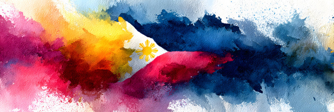 Vibrant celebration of philippines independence day with artistic flag design. Horizontal banner. Copy space. Flag of Philippines. Watercolor illustration