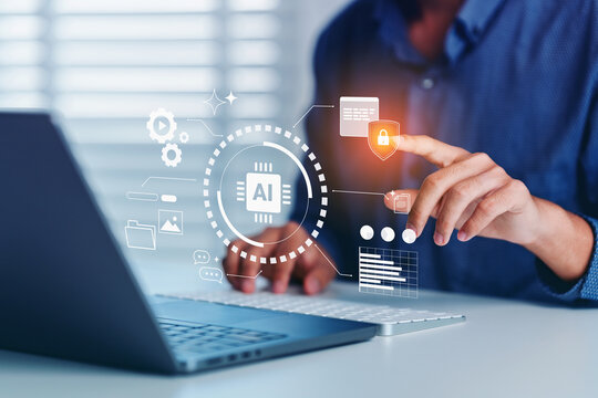 AI assistants support human artificial for data analysis Intelligence technology, man pointing AI assistant dashboard their goals agentic workflows, advertising, marketing, safety and protection