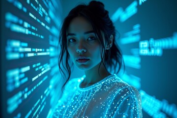 A cutting-edge photoshoot with a model immersed in holographic data projections, illustrating the seamless blend of technology and data in modern society.