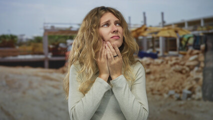 Fototapeta premium Woman holds jaw with wincing expression at construction site experiencing tooth pain as a blonde young figure showing grimace on hands.