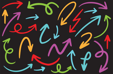Set of artistic sketch arrows with freestyle curves, loops, and twists for creative design, perfect for flowcharts, notes, and infographics.