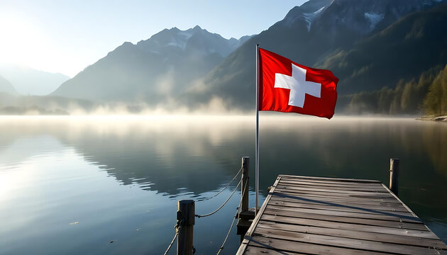 Scenic landscape with swiss flag by lake for switzerland national day celebration.