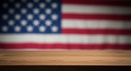 Wooden table with blurred American flag background  