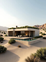 desert villa living green roof futuristic parametric design photorealistic