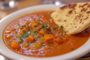 A tomato and carrot soup with light spices, served with a slice of flatbread on the side 