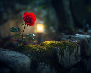 A single red rose growing on a moss-covered stone wall with soft lighting