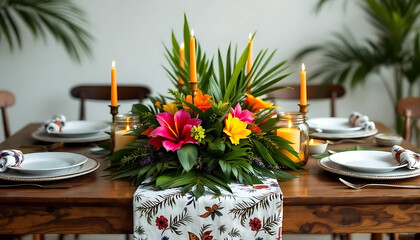 Elegant table setting with floral centerpiece and candlelit ambiance for festive dining.