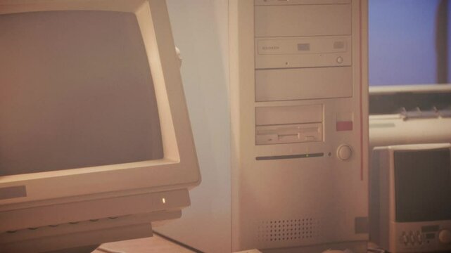 Retro pc computer gaming, Desktop vintage with loading code console, programmer making scripts, green basic screen, Old computer studio close-up, retro wave display, late 90s PC.