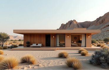 desert villa highlighting passive house design warm rustic aesthetic photorealistic