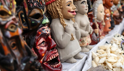 Traditional benin masks and figurines display at cultural market.