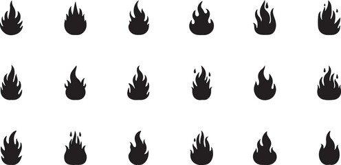 Set of black fire flame hazard icons and symbols