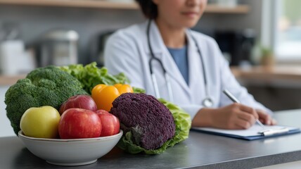 Doctor writing notes with fresh fruits and vegetables on the table  