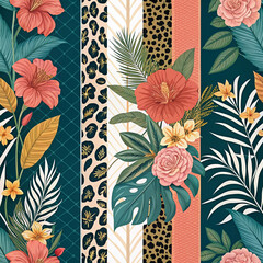 Floral and Animal Print Pattern with Tropical Leaves and Vibrant Flowers

