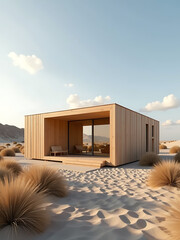 desert villa featuring timber structure minimalist scandinavian style photorealistic