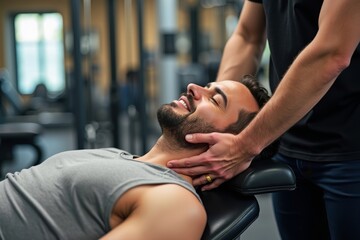 Miraculous Chiropractic Adjustment Captured in Gym Photo: Therapist Hands in Action, Man's Face Expresses Relief