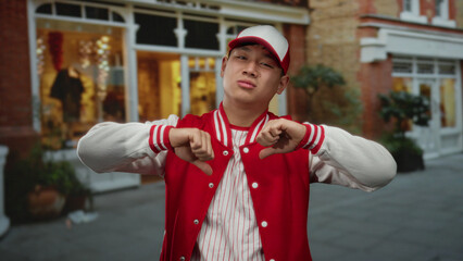 Young man in red baseball uniform stands outdoors in a city street expressing disapproval with a thumbs-down gesture.