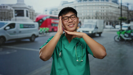 Smiling young man in green medical scrubs with a stethoscope poses joyfully on a bustling city street with iconic red buses and urban vehicles in the background.
