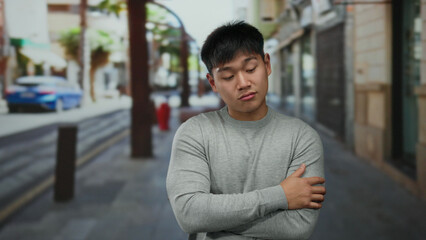 Fototapeta premium Young chinese man standing on a city street with buildings in the background, wearing a gray sweater and crossing his arms, showcasing a cheerful expression outdoors.