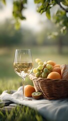 A glass of white wine sits on a table next to a basket of fruit in a sunny outdoor setting