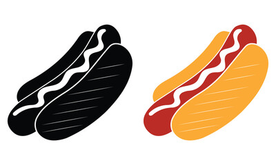 Hot dog vector icon set design on white background. Silhouette of hot dog line art, fast food icon vector illustration.	
