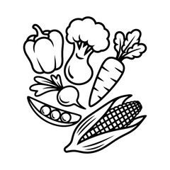 Black and white illustration of assorted vegetables