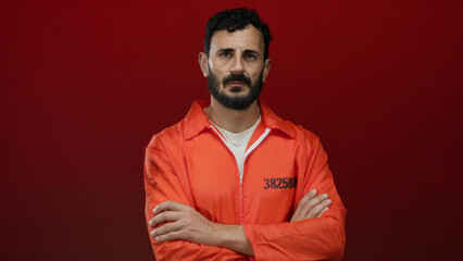 Hispanic man with a beard wearing an orange prison jumpsuit stands against a bold red background, exuding a serious demeanor.