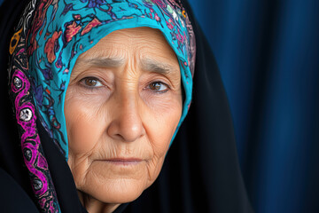 Portrait of an old woman in a black headscarf on black background.