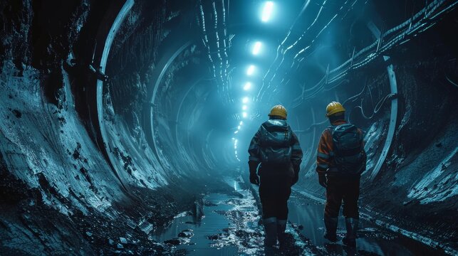 Two miners in protective gear walk through an industrial tunnel illuminated by blue lights, depicting diligence and teamwork in the challenging work environment.