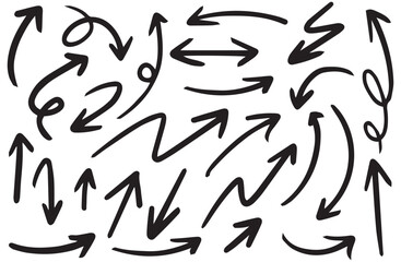 Hand drawn vector arrow collection featuring swirly, zigzag, and spiral strokes in black ink style&mdash;great for web, print, and teaching materials.