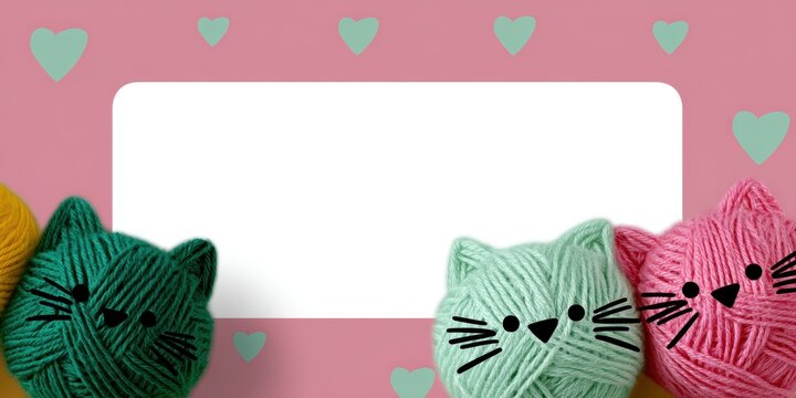 kawaii cat postcards, adorable postcard template with pastel colors, cartoon cats, yarn ball border, and customizable white space for text quirky and playful design