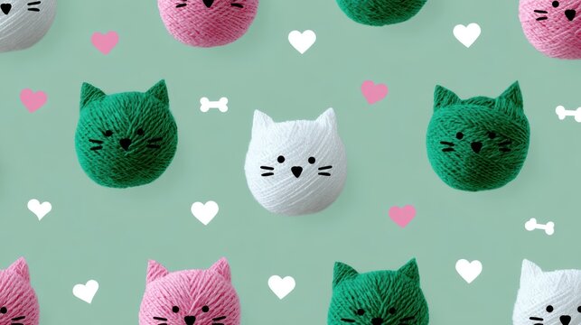 childrens cat pattern, whimsical seamless pattern with cute cartoon cat faces, yarn balls, fish bones, and hearts in mint green and soft pink