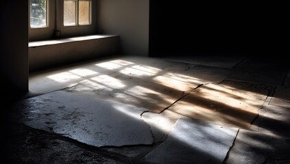 Sunlight streams through a window, illuminating the textured stone floor with a warm glow, creating a contrast between light and shadow