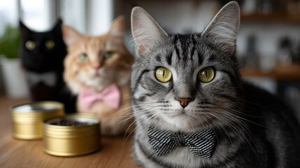 luxury pet products, premium pet suppliers can showcase our gourmet cat cuisine and opulent accessories in a sleek kitchen alongside stunning felines
