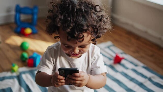 A small child clumsily holds a phone, giggling as they try to take a selfie. Toys fill the background, with soft natural light enhancing the playful, innocent atmosphere