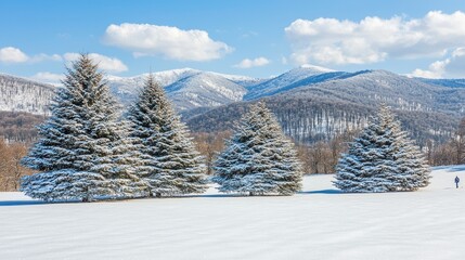 Snow-covered evergreens stand in a snowy field against a backdrop of snow-capped mountains under a bright blue sky with fluffy clouds.  A lone figure walks in the distance