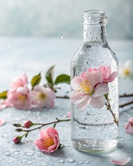 Obraz premium Refreshing action crystalclear bottle with water drops and camellia in nature's embrace indoor serenity captured.
