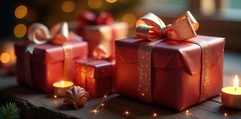 Wrapped gifts, shimmering bows, candle glow ambiance, magical, home decor, photography