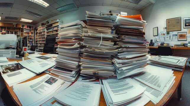 A busy office scene filled with piles of paperwork, reflecting the chaos and challenges of work environments, symbolizing productivity and the need for organization and focus.