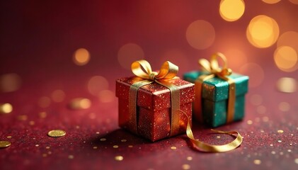 Miniature gift boxes, gold thread trails, airborn, ethereal, gold