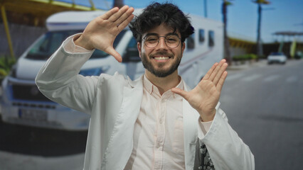 Obraz premium Young man with beard wearing glasses and white jacket gesturing with hands outdoors on street with blurred background of vehicles and palm trees.