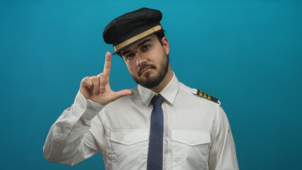 Hispanic man in a pilot uniform makes a l gesture toward the camera against a blue background,...