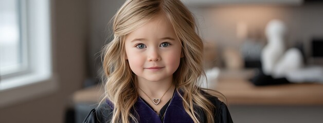 Young girl in black graduation attire beams with joy, wearing a heart-shaped necklace surrounded by vibrant greenery
