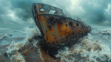 Gordijnen An eerie view of a rusted, abandoned ship battling against rough sea waves under a cloudy sky, portraying the passage of time and the relentless force of nature's elements. © Pinklife