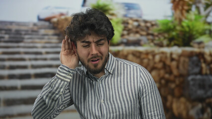 Fototapeta premium Young man with beard and striped shirt makes listening gesture outdoors on a sunny day surrounded by stone steps and greenery.