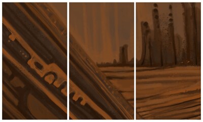 Modern interior triptych. The picture is painted by hand on a tablet.