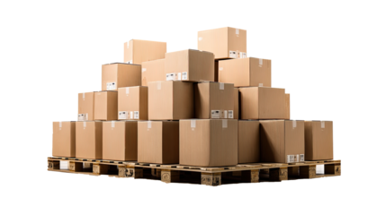 Stacked cardboard boxes sitting on wooden pallet with transparent background