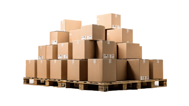 Stacked cardboard boxes sitting on wooden pallet with transparent background