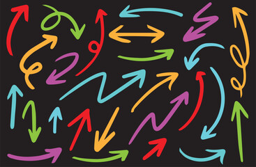 Set of artistic sketch arrows with freestyle curves, loops, and twists for creative design, perfect for flowcharts, notes, and infographics.